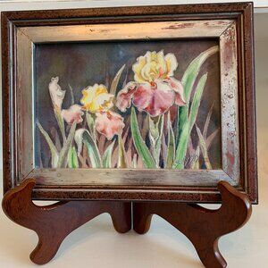 Original Watercolor Iris Floral Garden  by California Artist Sally Bly Framed